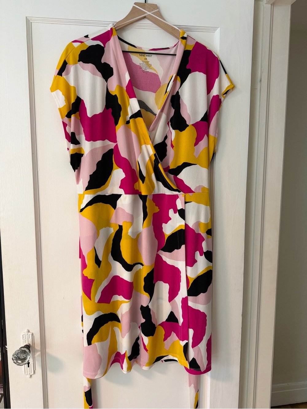 Nine West Pink, Yellow & Black Abstract Wrap Midi Dress